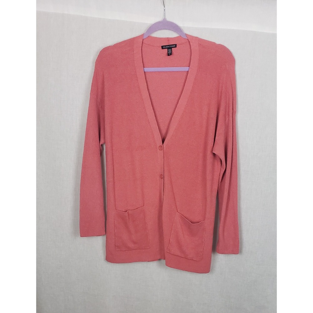 Eileen Fisher Coral‎ Pink Ribbed Italian Yarn V-Neck Button Cardigan L Summer